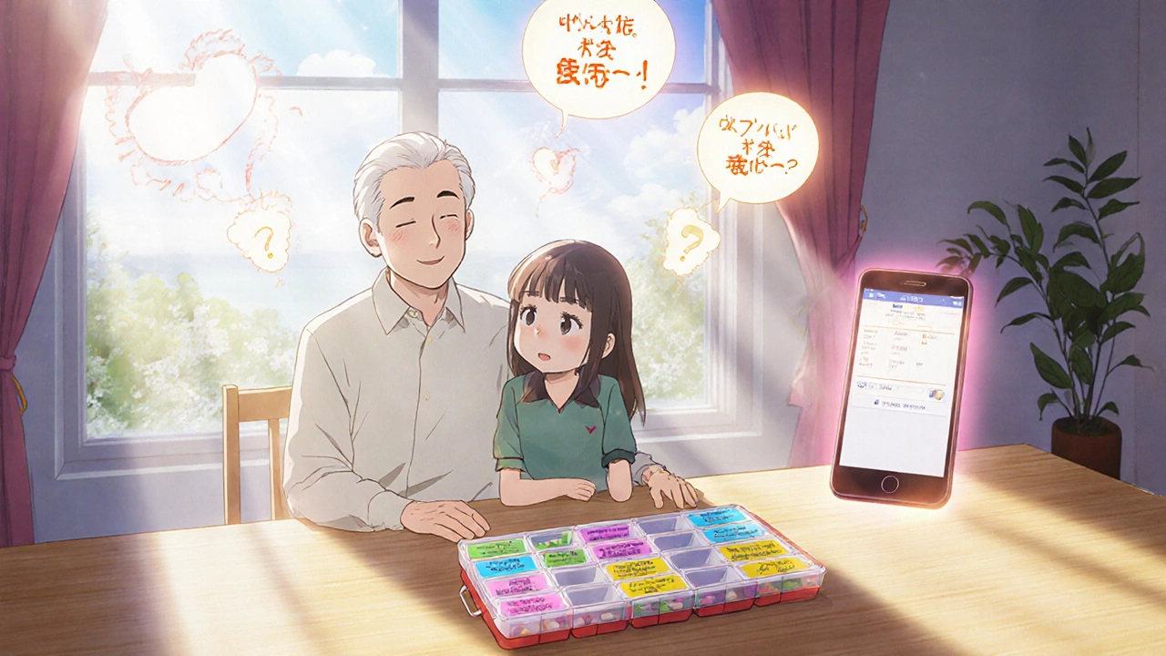 A senior and family member review pills at a kitchen table with glowing questions above them.