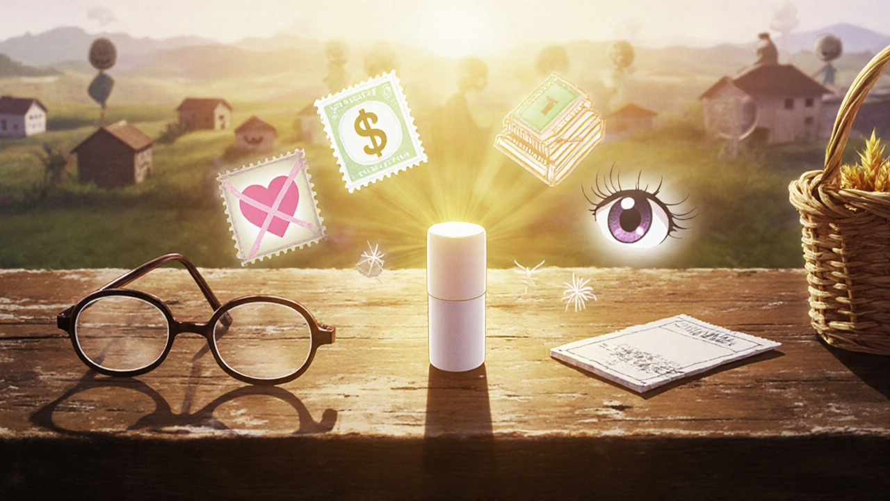 A single ivermectin tablet surrounded by symbolic icons representing health, education, and economy.