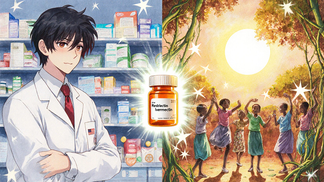 A split scene contrasting restricted access in a pharmacy with free distribution in a vibrant village.