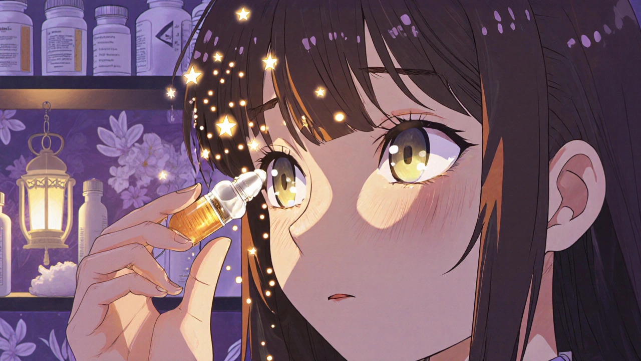 A woman applying a preservative-free eye drop as tear particles float like fireflies, warm lighting.
