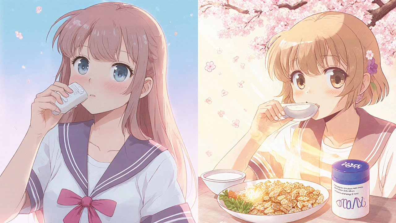 A woman taking alendronate in the morning, later eating calcium-rich foods with glowing nutrients guiding to her bones.