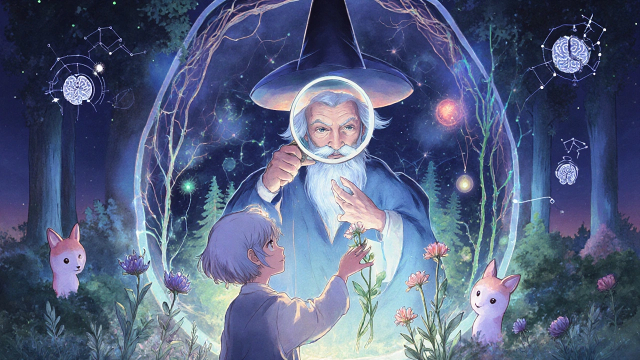 An elderly radiologist using a magnifying glass over a living brain-forest, reviving wilted flowers with light.