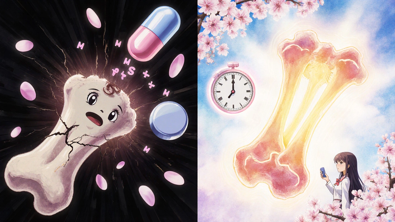 Contrast of crumbling bone vs. healthy glowing bone, showing effect of proper magnesium timing.