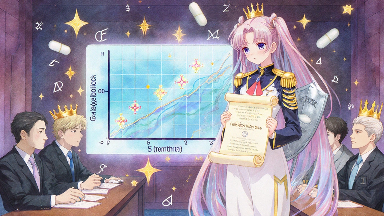 Courtroom with bioequivalence graph and regulator holding Hatch-Waxman scroll