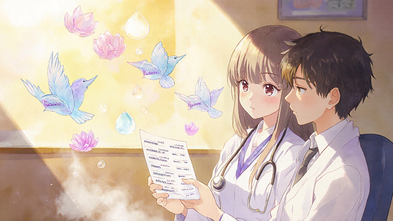 Doctor and patient sharing a medication list with healing symbols fluttering between them in anime style.