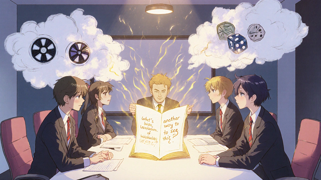 Five people in a boardroom surrounded by personal bias clouds, one opening a glowing journal with a question.