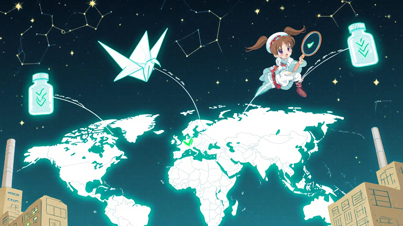 Global map with glowing connections to factories and inspector on paper crane