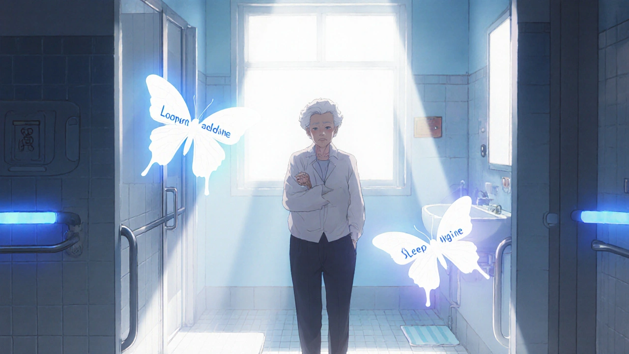 Older adult in a safe bathroom as sedating pills fade away, replaced by glowing butterflies symbolizing safer alternatives.