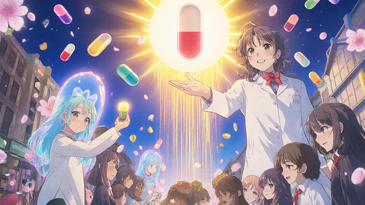 Patients receive affordable pills from smiling spirits as innovation and biosimilars shine in a hopeful marketplace.