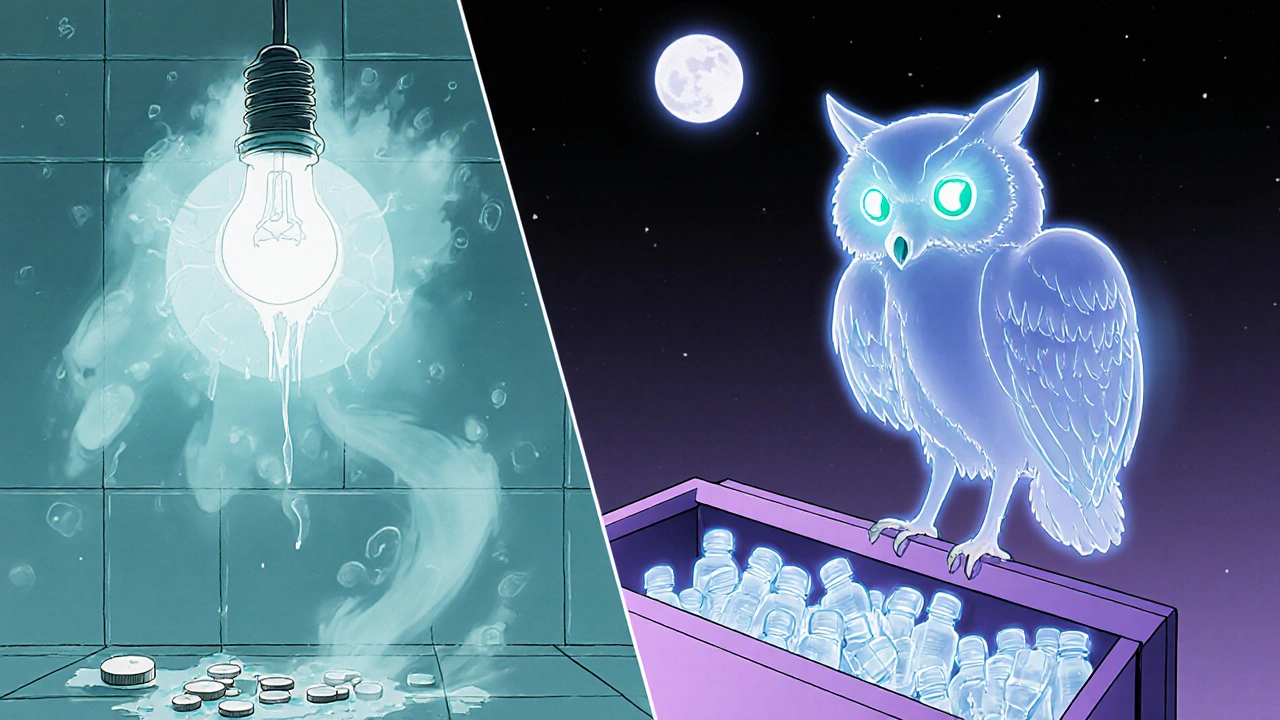 Split scene: crumbling pills in a steamy bathroom vs. safe pills in a cool drawer, watched by magical spirits.