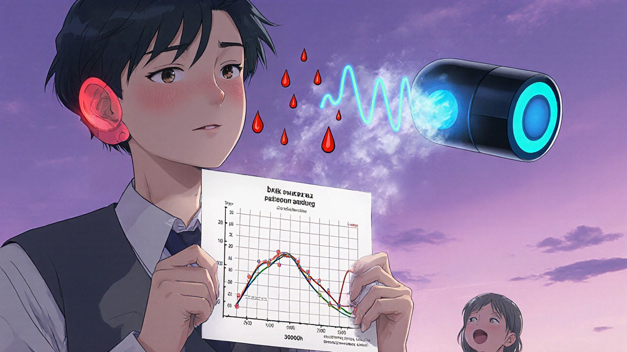 Worker holding audiogram as red drops turn into crying sound waves