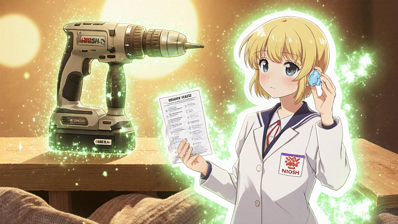 Worker replacing noisy jackhammer with quiet drill guided by NIOSH spirit