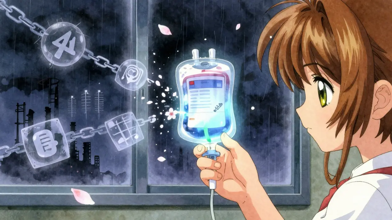 A child's hand holding a glowing saline bag in a dark NICU, surrounded by dissolving factory symbols and swirling petals.