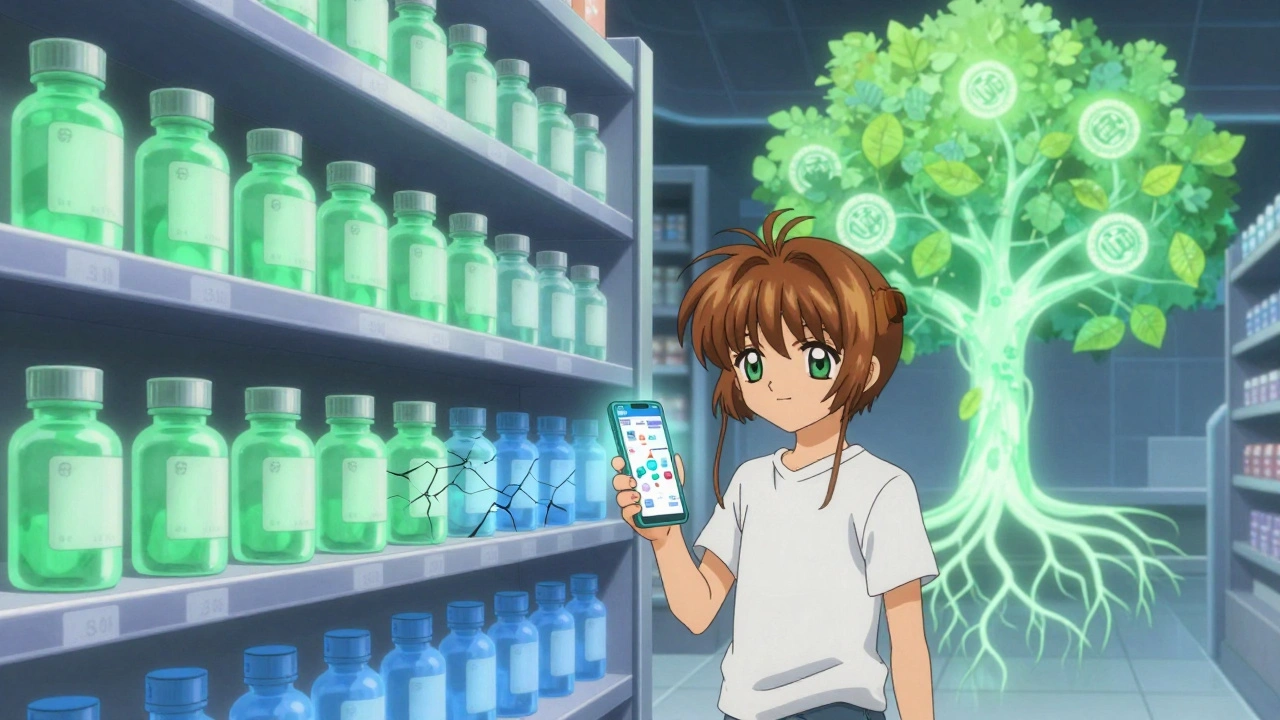 A child views a live supply map on a phone beside a pharmacy shelf half-empty, as a data-tree with FDA leaves glows behind them.