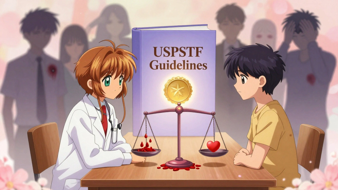 A doctor and patient at a table with a scale tipped toward blood droplets, representing the danger of combined blood thinners.