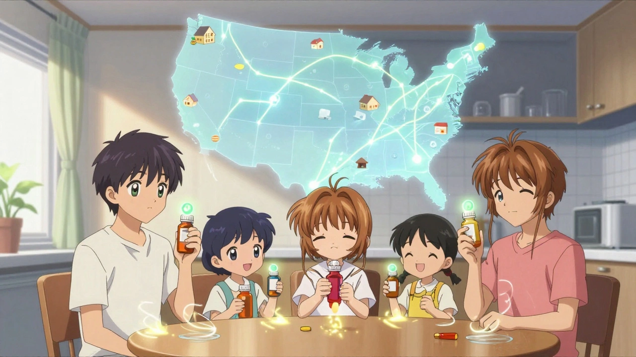 A family holds medication bottles with glowing tags, connected by shimmering delivery routes across a U.S. map.