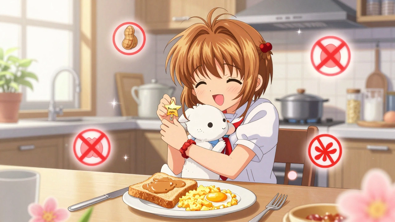 A family hugs in a sunlit kitchen, celebrating with peanut butter toast and eggs as warning symbols turn into flowers.