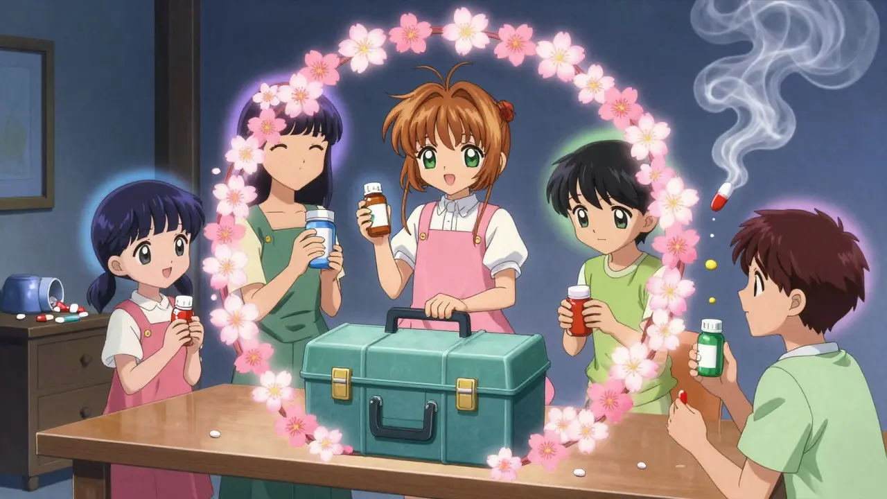 A family protecting medications in a locked toolbox surrounded by floating cherry blossoms and colored halos.