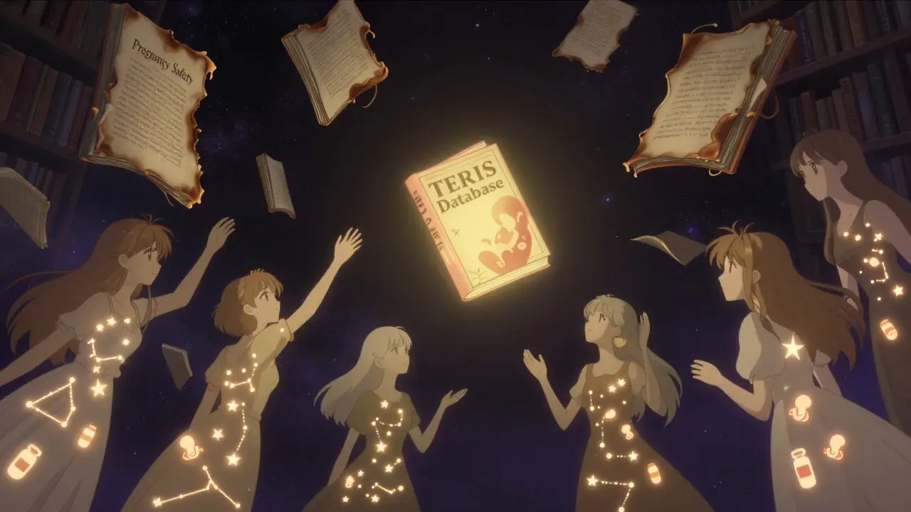 A floating library of missing pregnancy safety books, with one glowing book radiating hope.