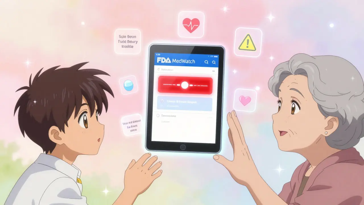 A floating MedWatch app alert with drug icons and heartbeats, seen by a boy and elderly woman under soft celestial light.