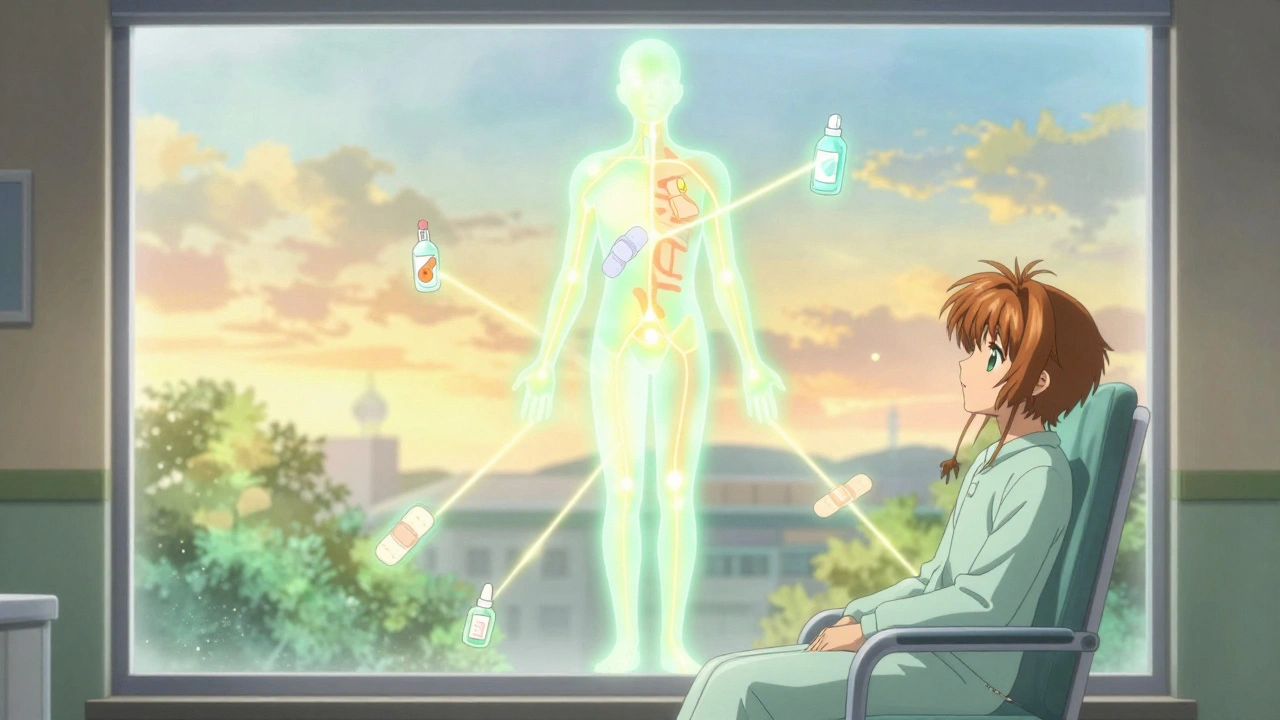 A glowing healing map of the body with floating charms, symbolizing radiation recovery.