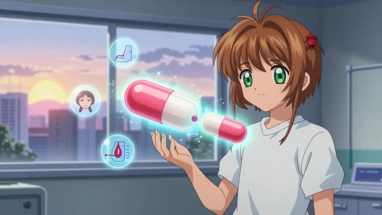 A glowing smart pill splitting into two capsules mid-air, with icons of health and calm surrounding it.