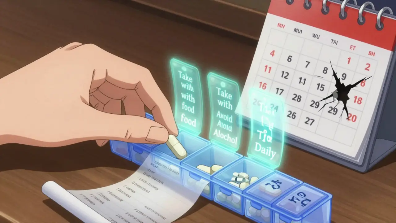 A hand placing pills into an organizer with glowing instructions and a magical medication list beside it.