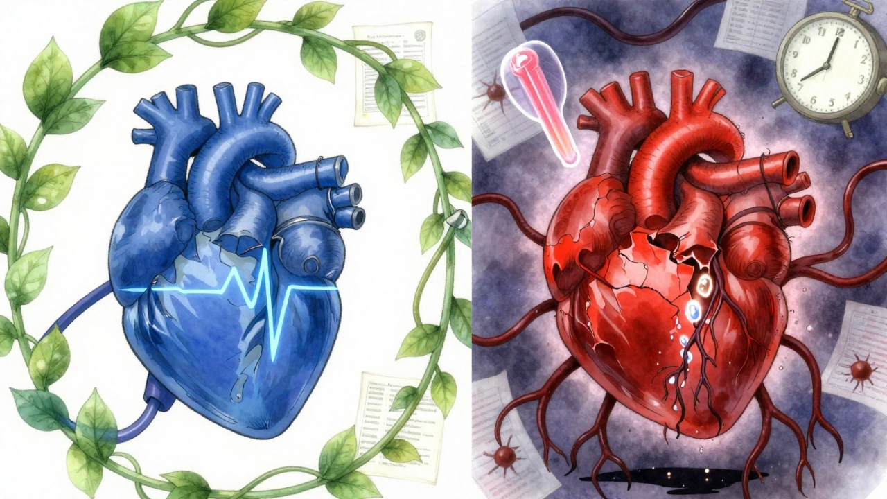 A heart splitting between healthy blue rhythm and damaged red rhythm, with licorice roots draining potassium ions.