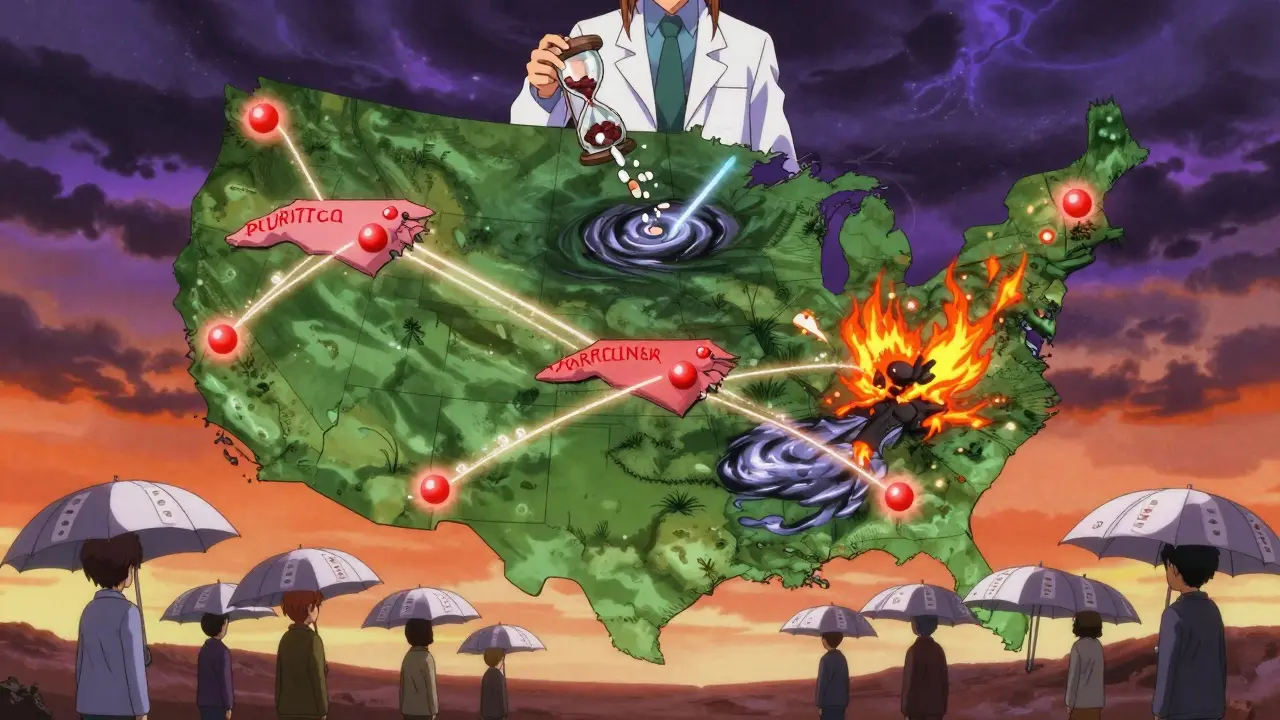 A mystical U.S. map with glowing drug plants connected by snapping threads, as storms destroy them under a celestial figure.