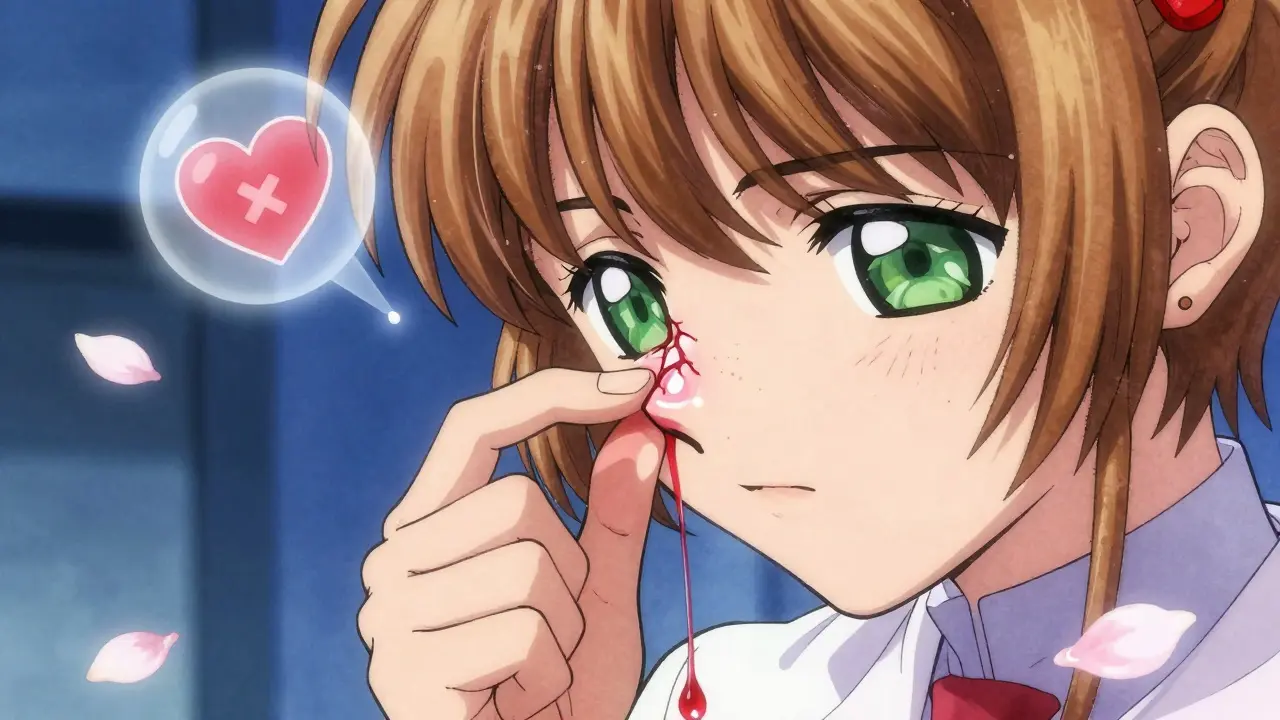 A nosebleed in progress with delicate crimson blood vessels rupturing like petals, person pinching nose and leaning forward, glowing warning symbol above.