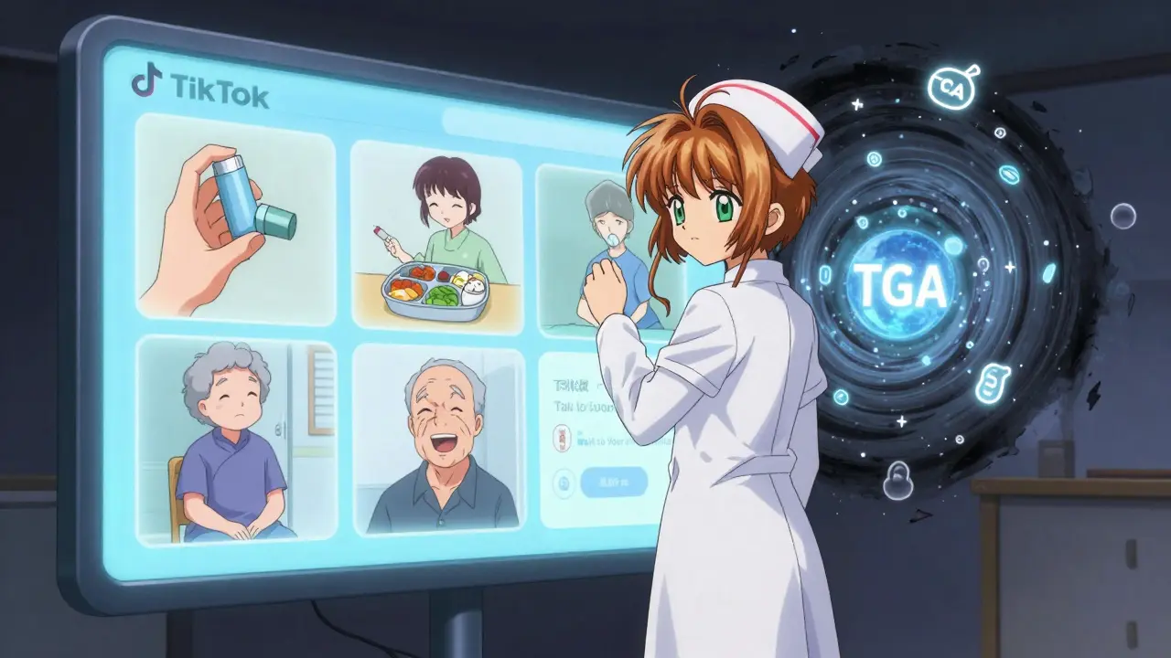 A nurse facing a TikTok screen projecting real patient stories, dispelling misinformation with light.