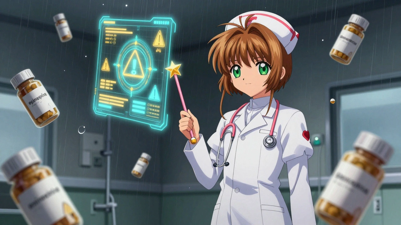 A nurse in a stethoscope wand stands in a dim ER as floating drug containers fade, with a glowing AI interface predicting shortages.