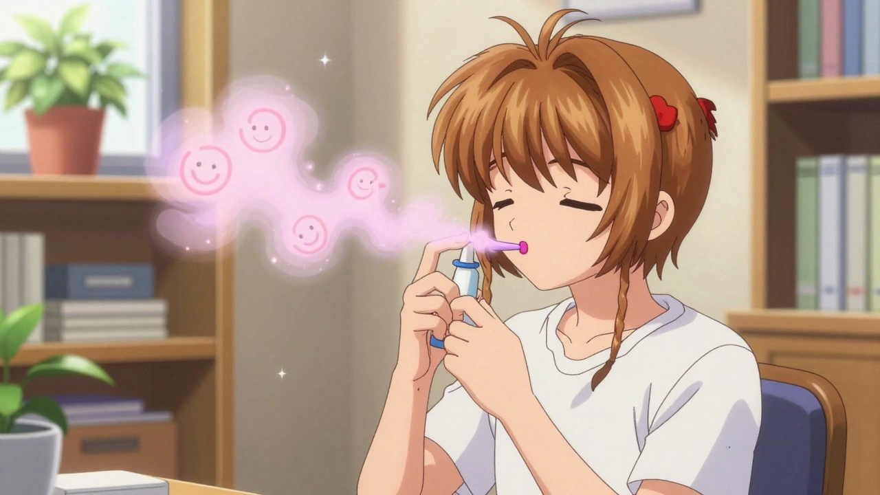 A patient inhaling esketamine nasal spray, with soft pink mist forming smiling faces, in a warm, peaceful office setting.