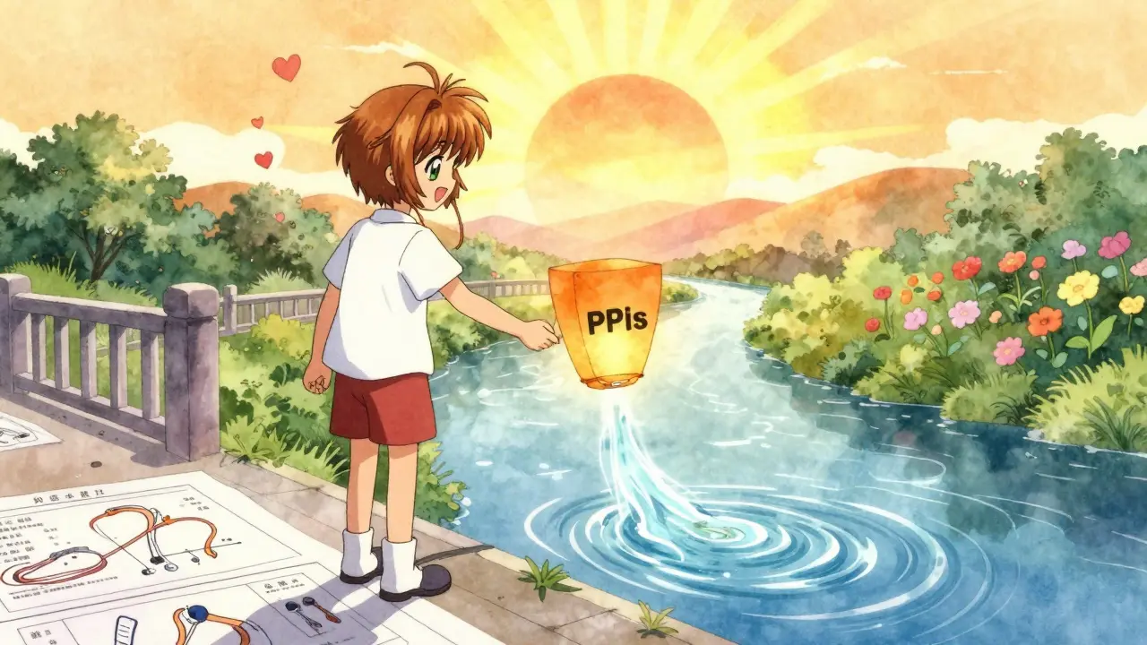 A patient releasing a lantern labeled 'PPIs' into a river of acid, symbolizing healing under a rising sun.