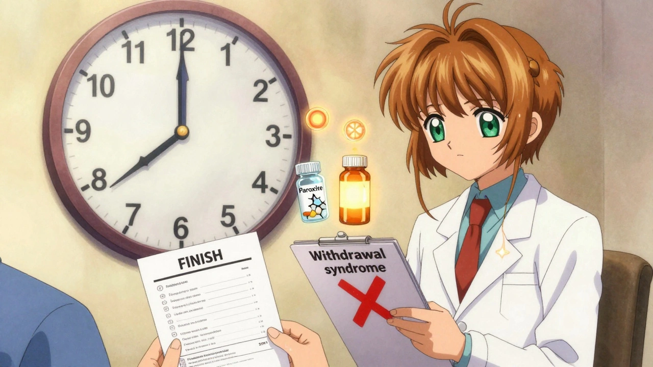 A patient shows a doctor a list of withdrawal symptoms while glowing pill icons float beside them in a medical office.