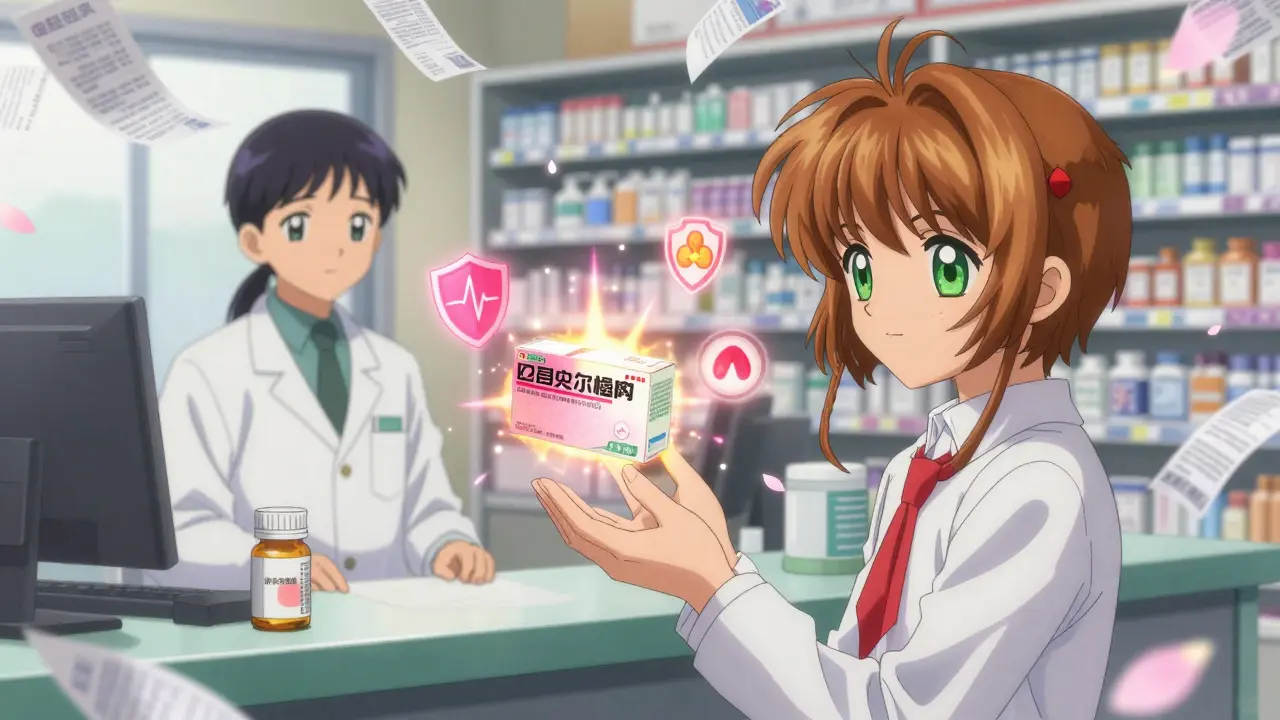 A patient stands firm at a pharmacy counter as a glowing brand-name drug hovers above generics, surrounded by safety symbols.