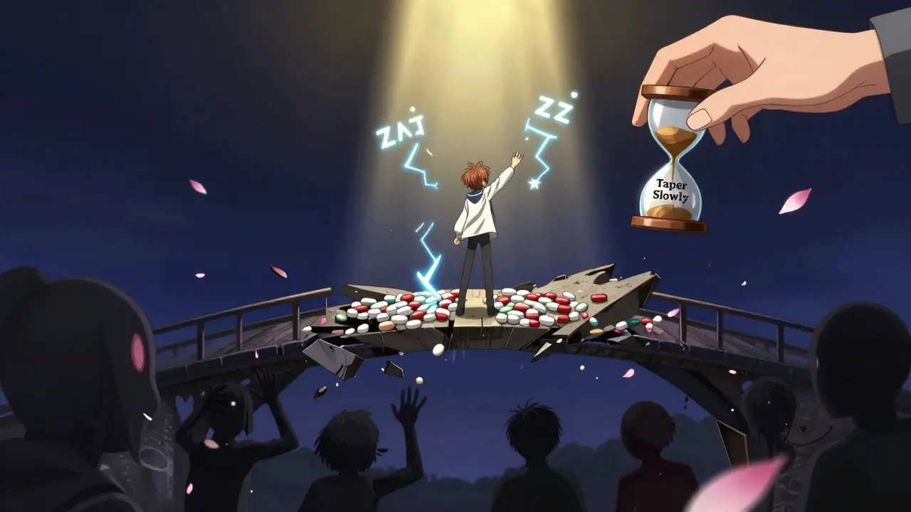 A person on a crumbling pill bridge reaching for light as electric sparks surround them, with a slow-dripping hourglass above.