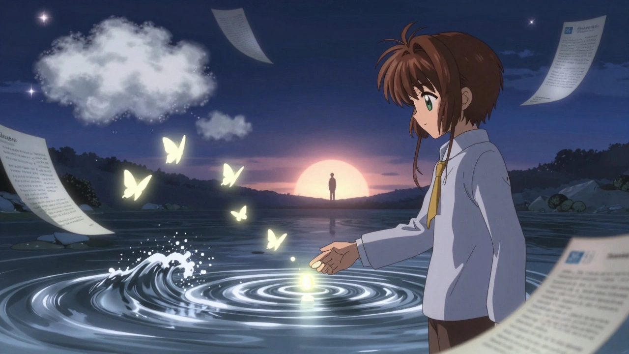 A person releases a glowing pill into a silver river as light butterflies carry away withdrawal symptoms at sunrise.
