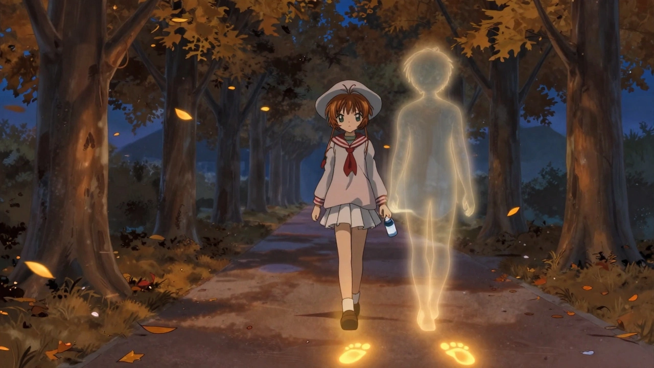 A person walking slowly at twilight, golden footprints fading as fatigue dissolves around them.