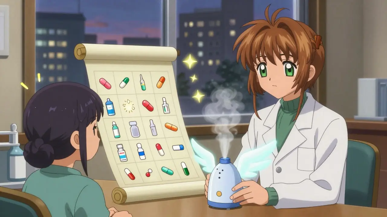 A pharmacist and patient reviewing a magical medication chart with animated warning icons, a humidifier emits protective mist, warm clinic setting.
