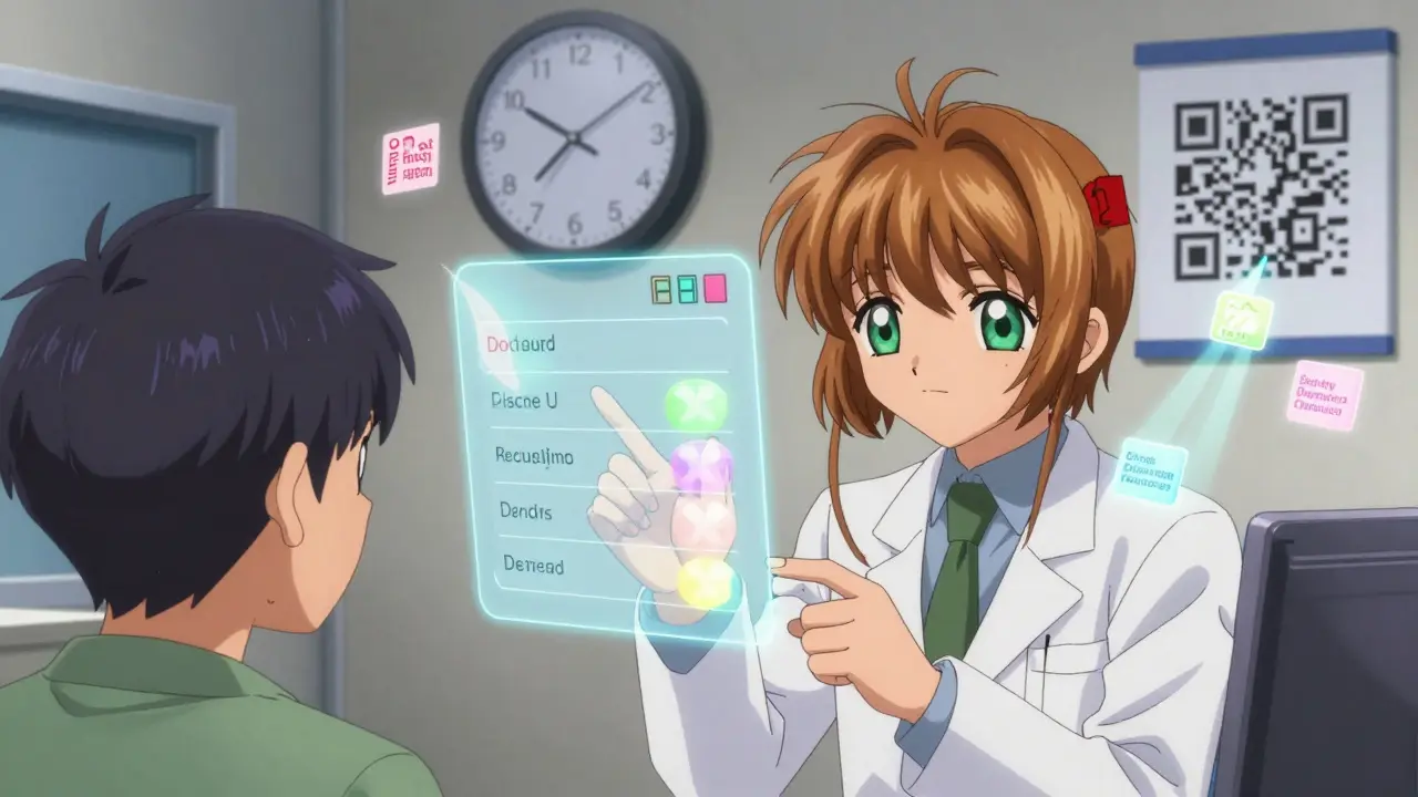 A pharmacist and patient studying a holographic prescription label with floating warnings and a QR code emitting light.