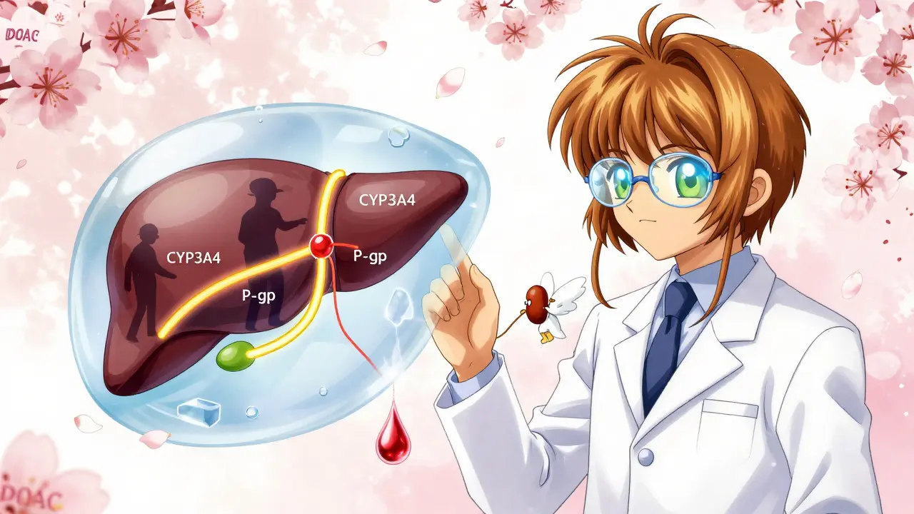 A pharmacist examines a glowing liver with blocked pathways, surrounded by floating DOAC names and cherry blossoms.