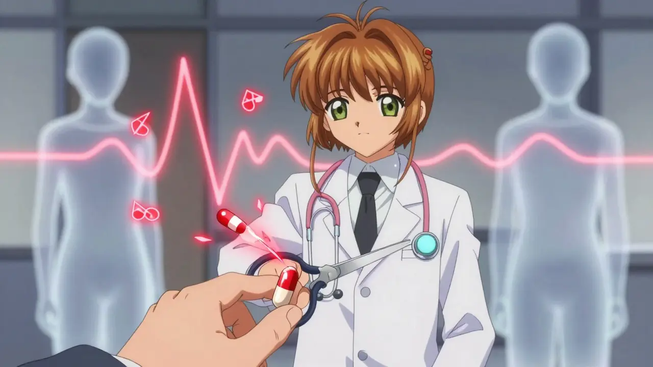 A pharmacist stopping someone from cutting an extended-release pill, with warning runes floating in the air.