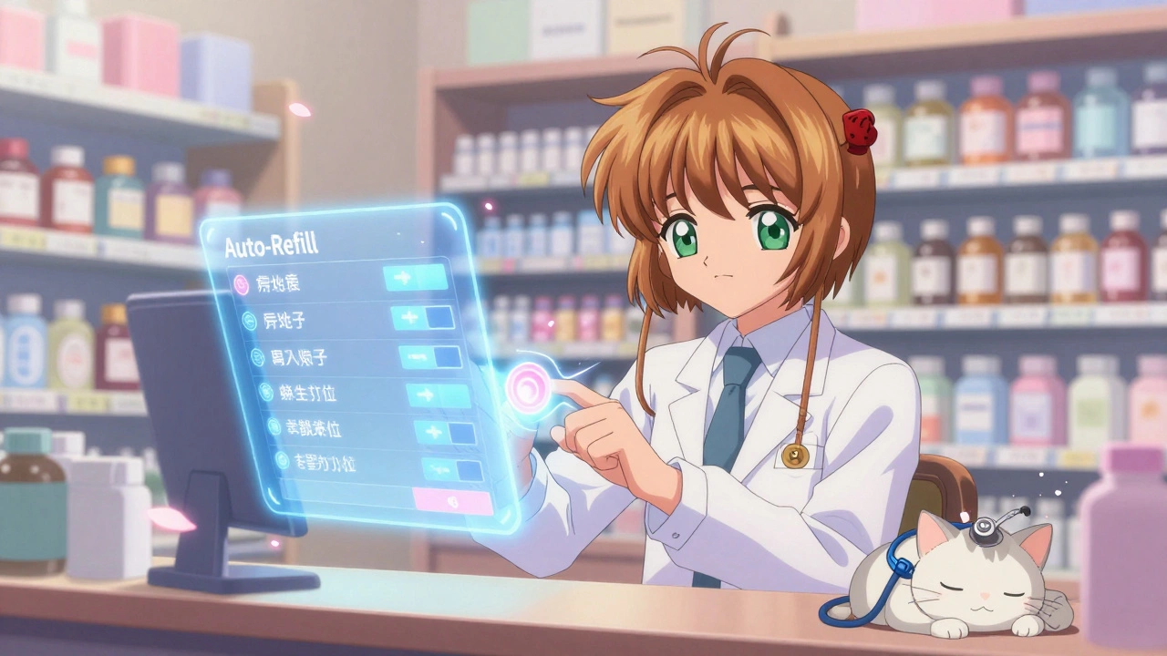 A pharmacist toggles an auto-refill switch with holographic medication displays glowing softly in a pastel pharmacy.