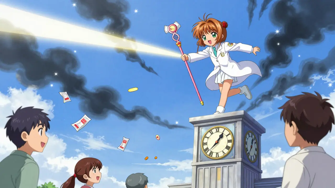 A pharmacist with a magical staff chasing away delay clouds as medicine rains down on smiling patients.