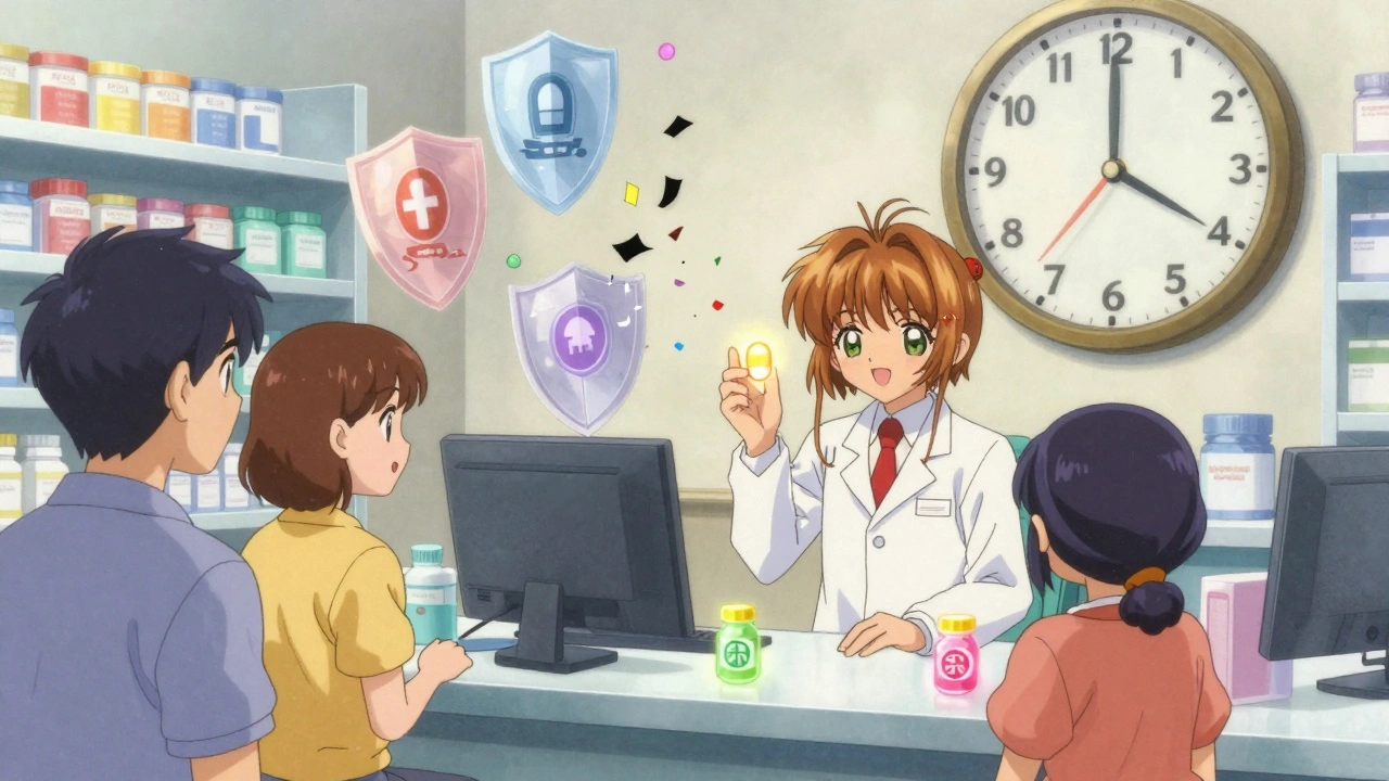 A pharmacy counter where patients receive glowing generic pills, each marked with symbols of landmark court cases.