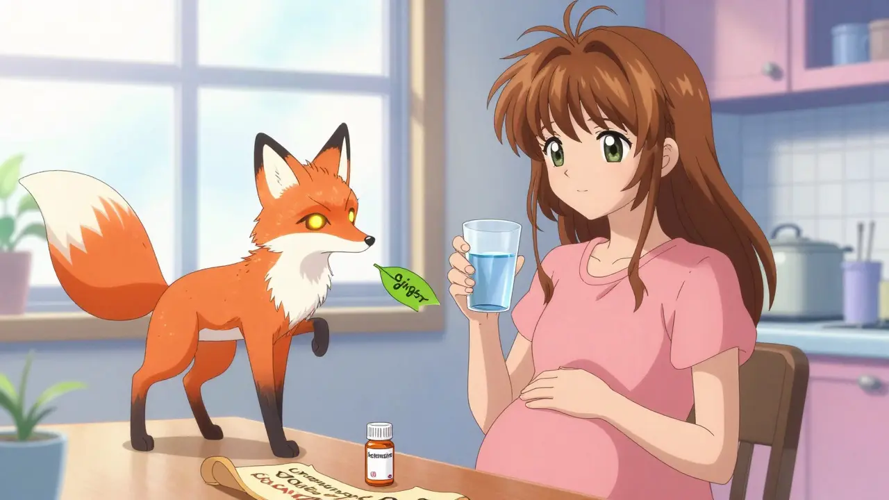 A pregnant woman with a fox spirit offering ginger and a MotherToBaby scroll in morning light.