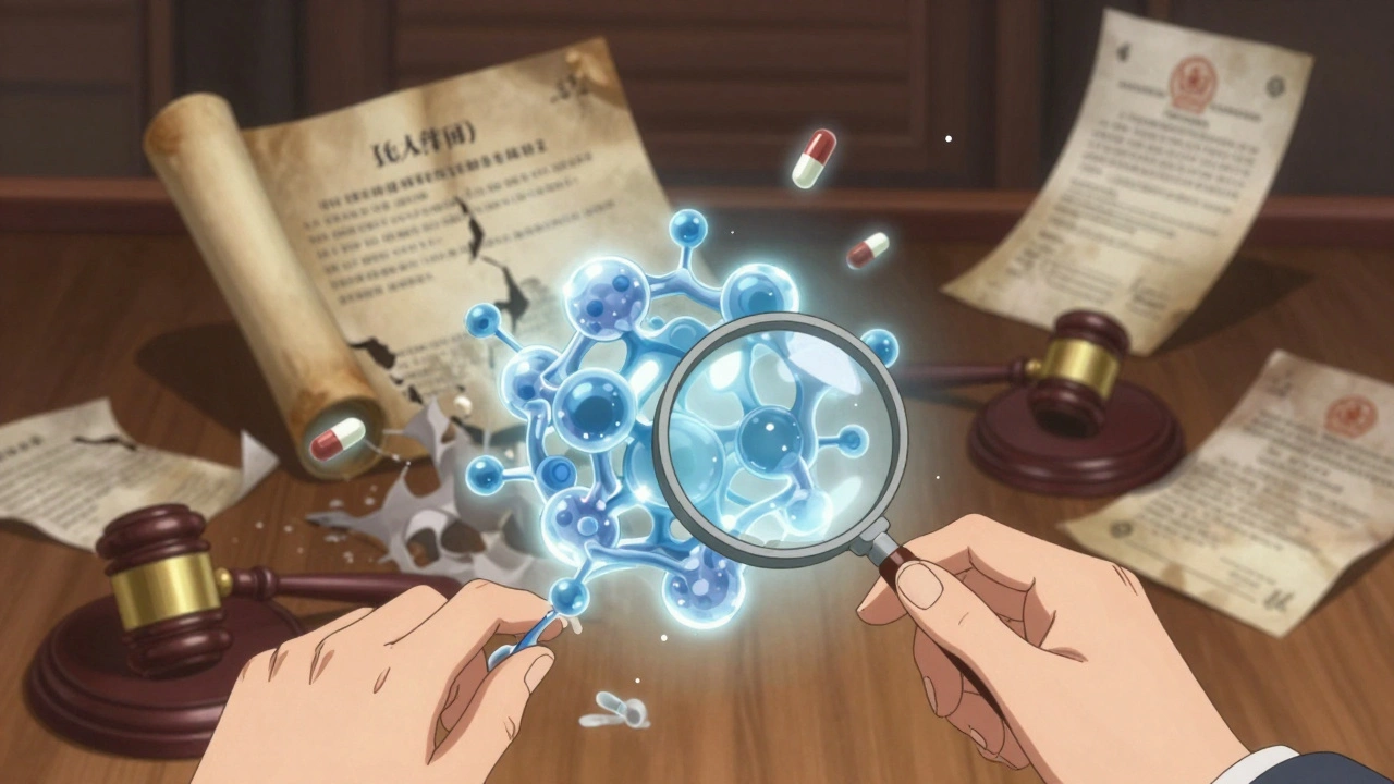 A shimmering protein molecule being broken apart by starlight, as a crumbling patent scroll turns to ash.