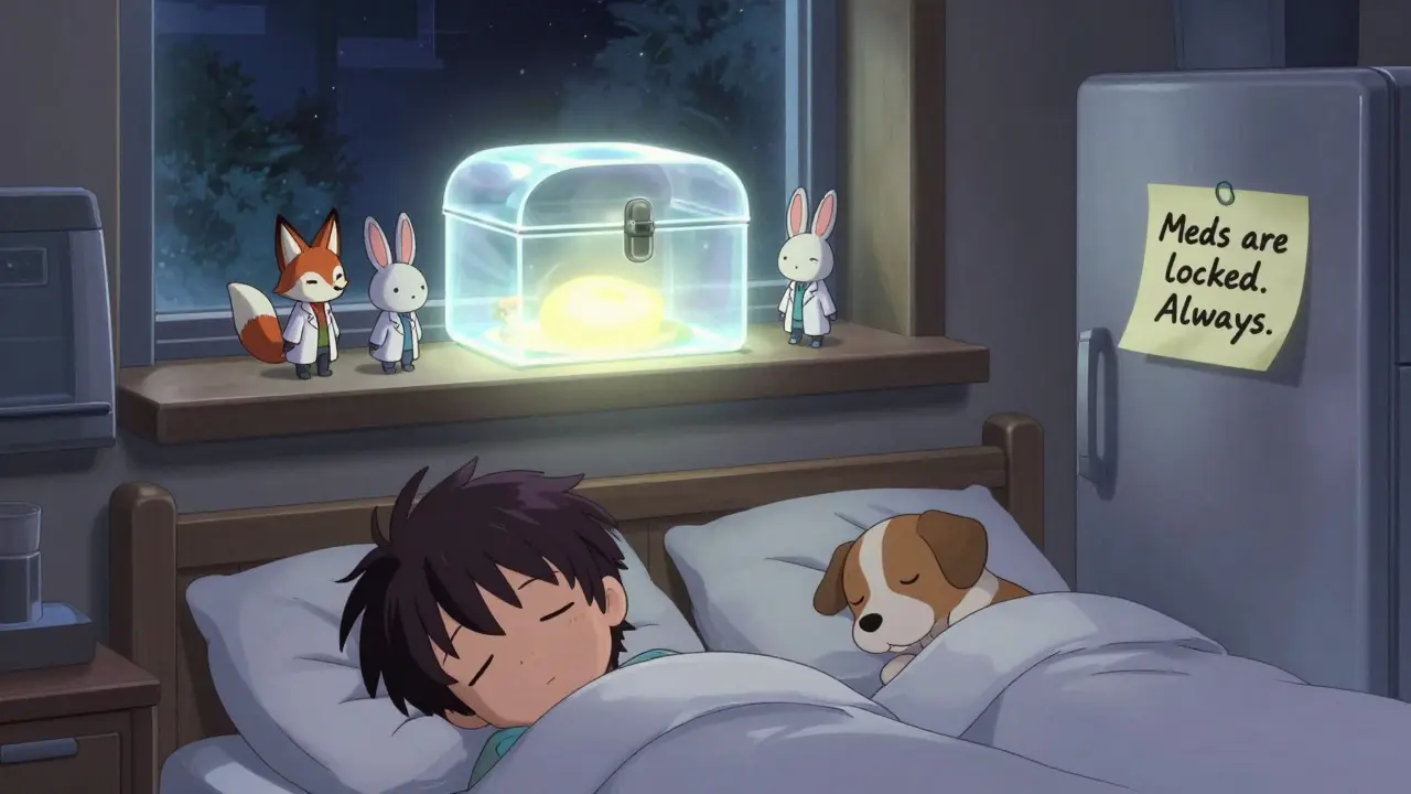 A sleeping child and dog under starlight, guarded by spirit animals beside a softly glowing locked medicine box.