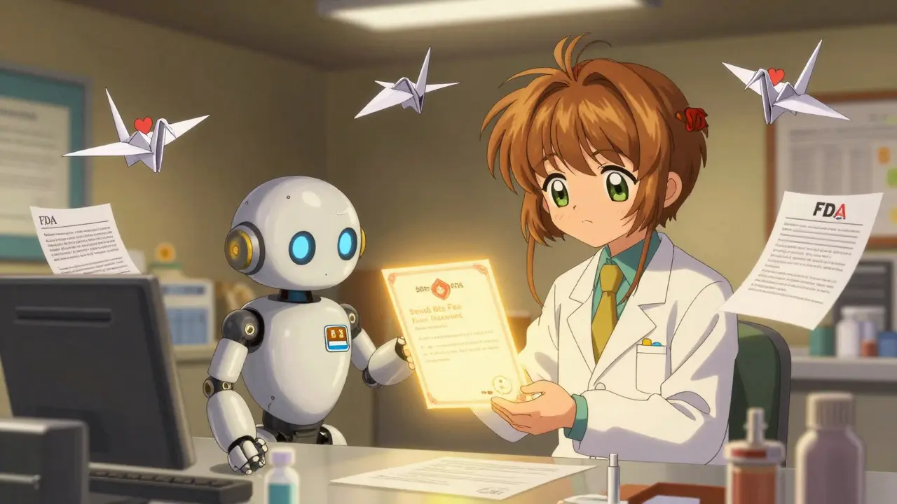 A small scientist receiving a fee discount certificate from a robot, surrounded by paper cranes made of forms.